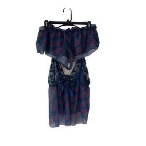 Women's Plus Size 1X Blue Purple Floral Sequin Lace Teddy Matching Lingerie Set